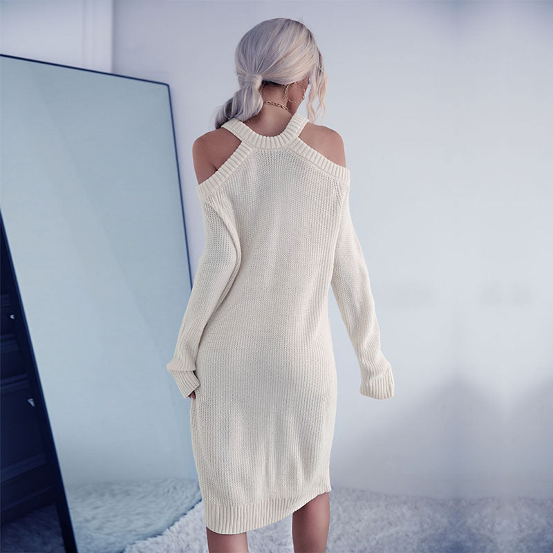 Solid Color One-line Neck Strapless Hollow Halterneck Sweater Dress