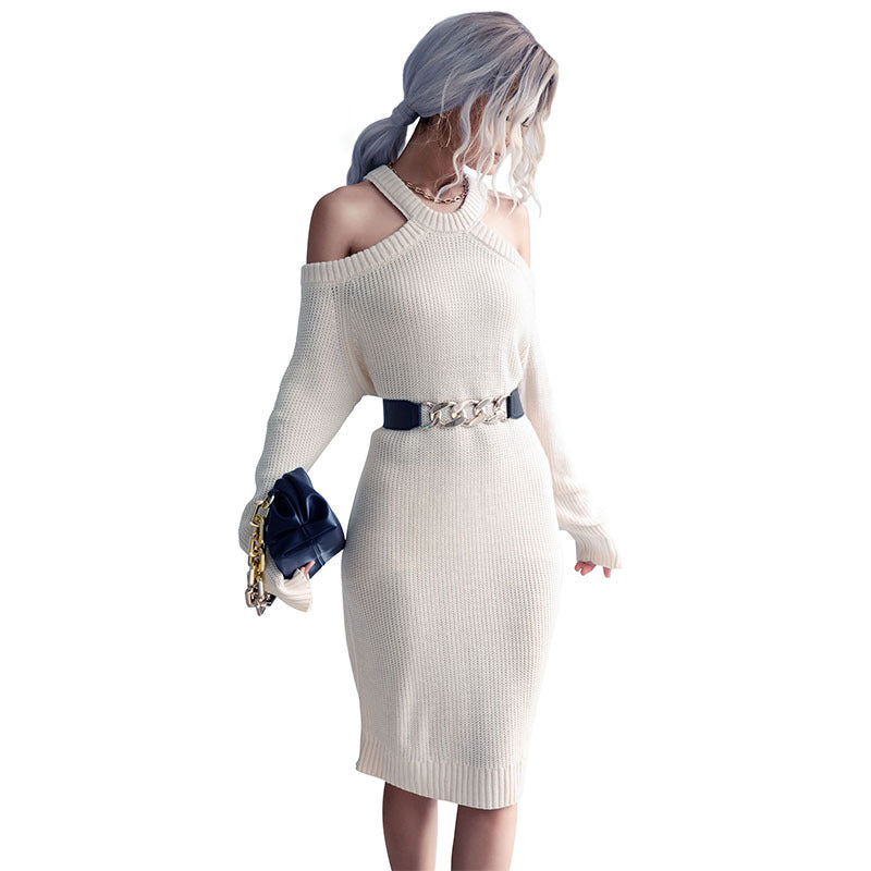 Solid Color One-line Neck Strapless Hollow Halterneck Sweater Dress